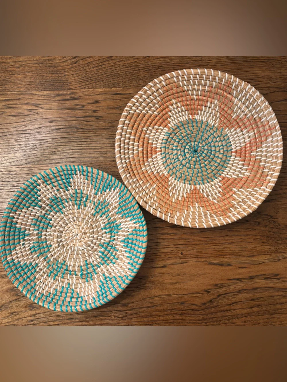 Set of 2 Handwoven Senegalese African Wall Baskets Turquoise Coral Boho Decor